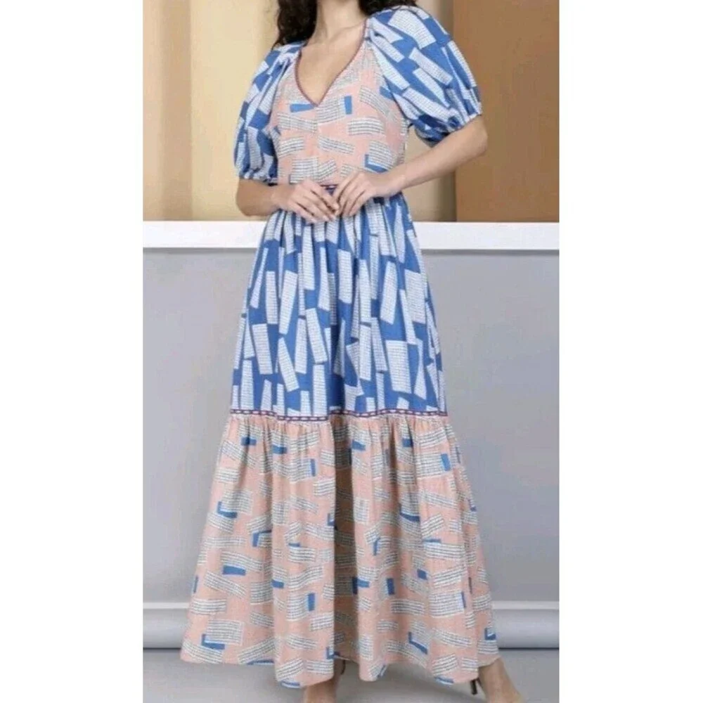 Conditions Apply Women's Cotton Puff Sleeves V-Neck Gabrieliya Maxi Dress M - Picture 3 of 9